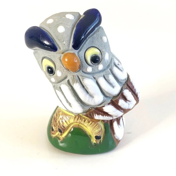 Adorable Owl Figurine Ceramic Red Clay Hand Painted Folk Art Miniature - Picture 8 of 8